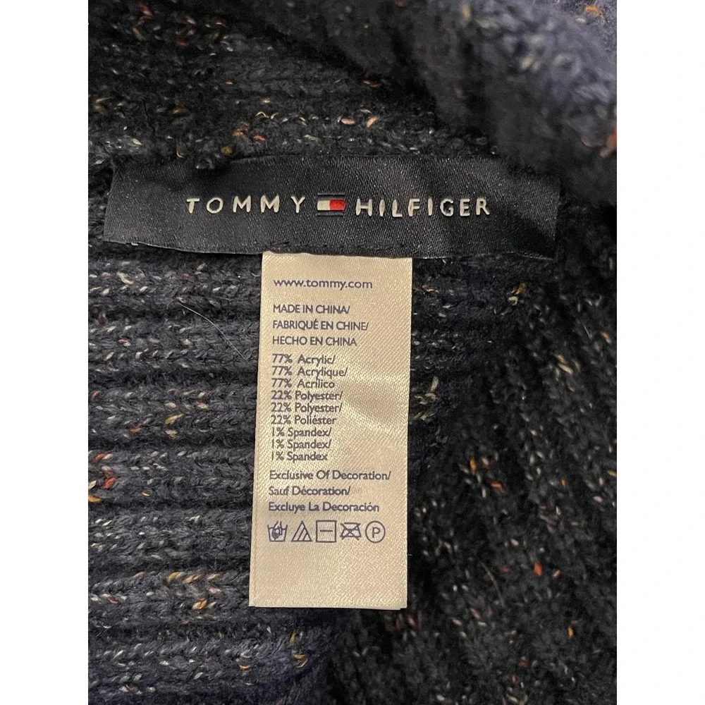 Tommy Hilfiger Hat Beanie Fitted Mens Navy Red Ribbed Knit Logo Winter Speckled